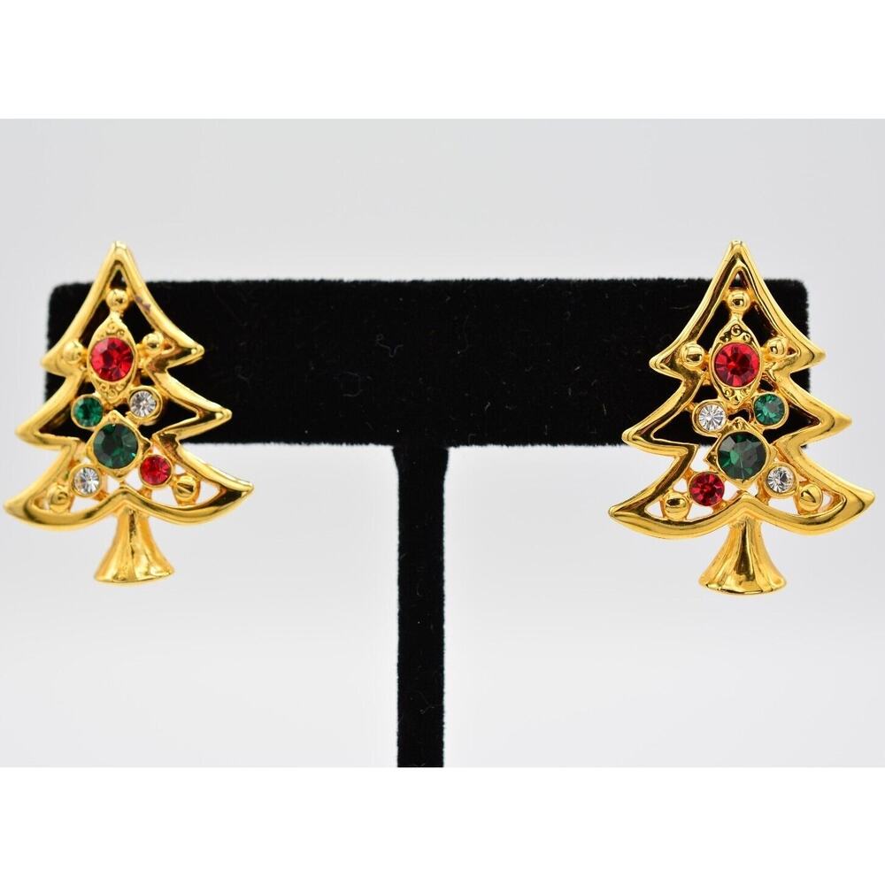 Vintage Christmas Tree Earrings Rhinestone Crystal Gold Tone Shiny 1980s BinAA